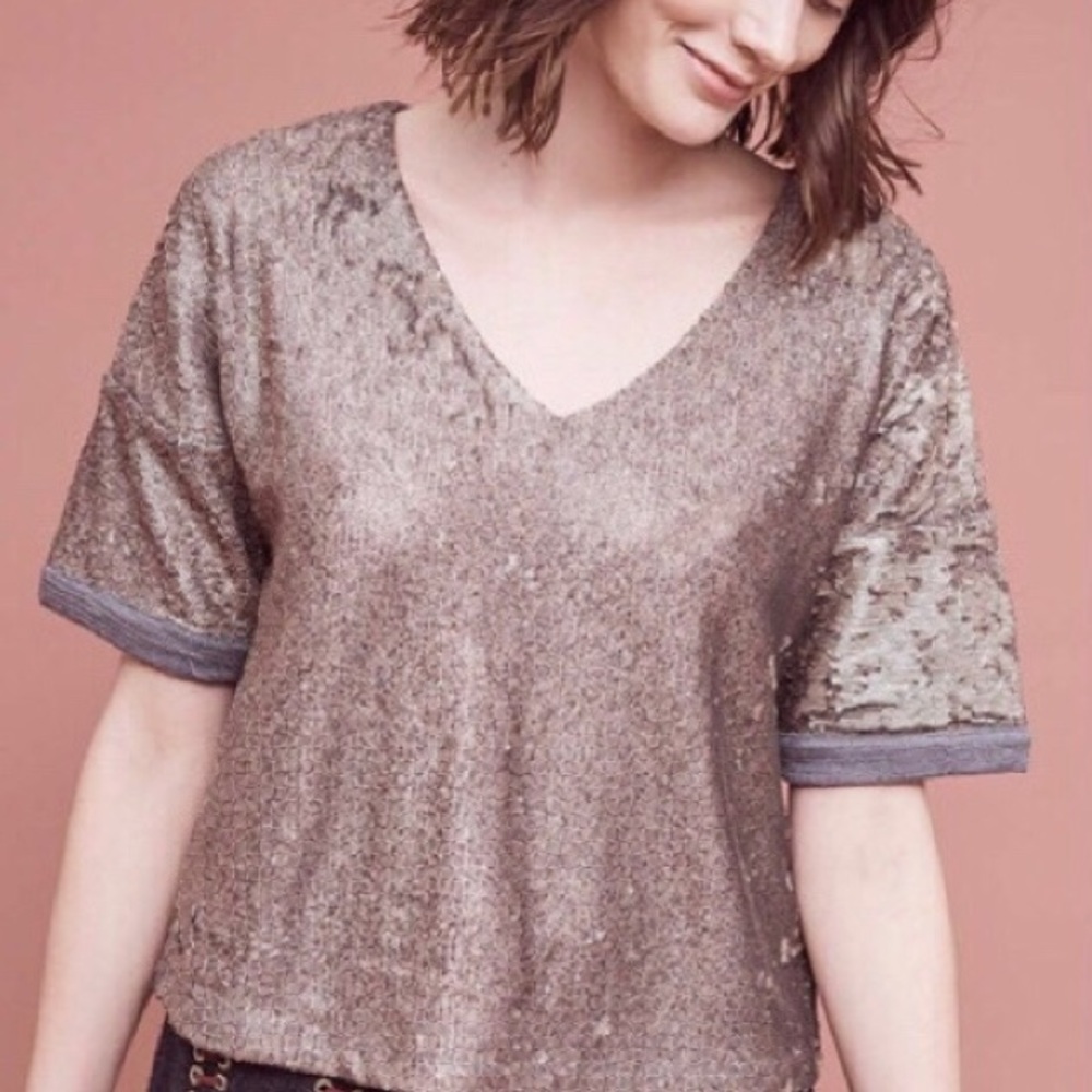 NWT Anthropologie Deletta Sequin Top Short Sleeves Sz XS